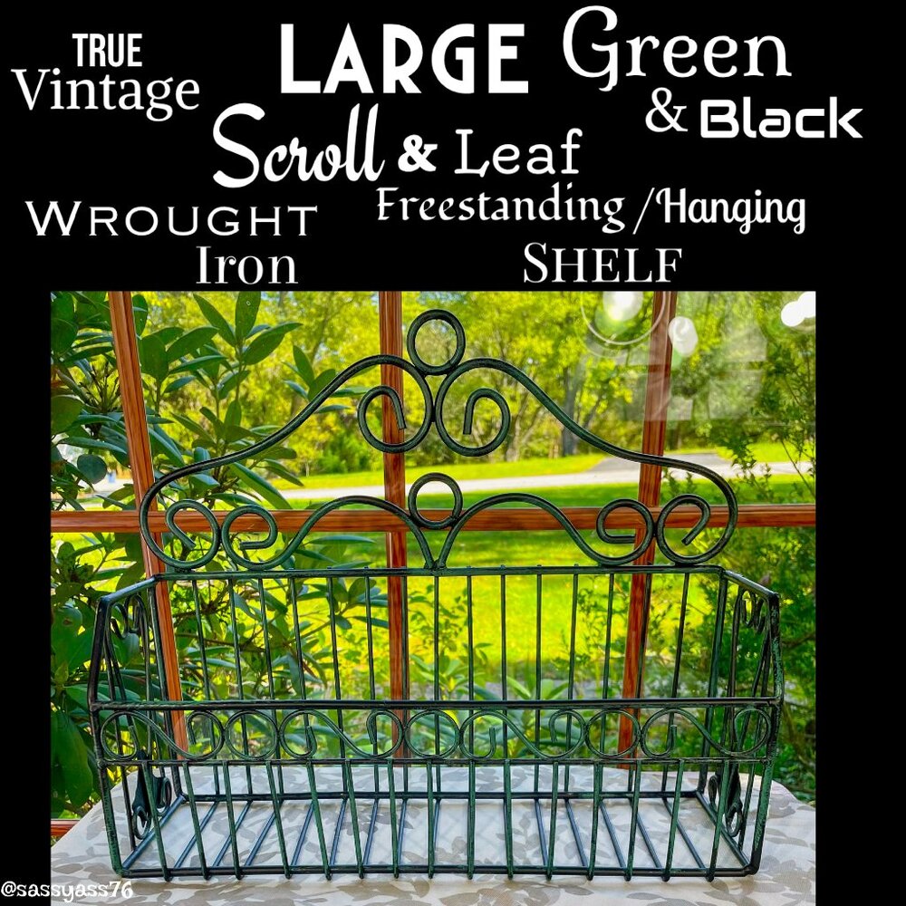 ▪️VTG▪️Large Green & Black Scroll Leaf Wrought Iron Freestanding Hanging Shelf